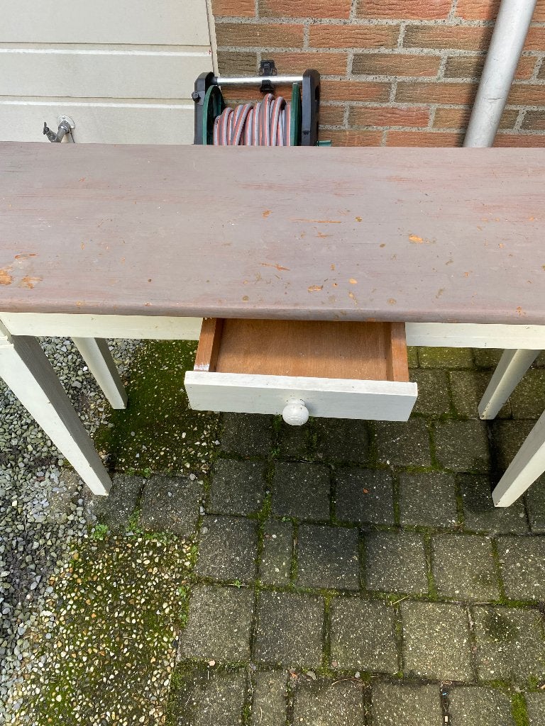 Vintage tafel met lade - opknapper, Ophalen, Gebruikt, 100 tot 150 cm, Grenenhout