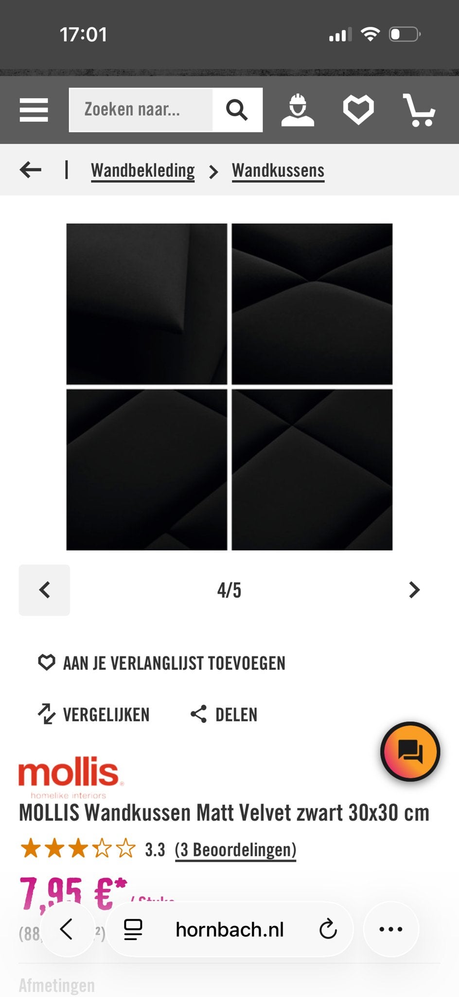 25 stuksWandkussen achterwand Matt Velvet Zwart 30x30 cm, Ophalen, Nieuw, Zwart, Vierkant