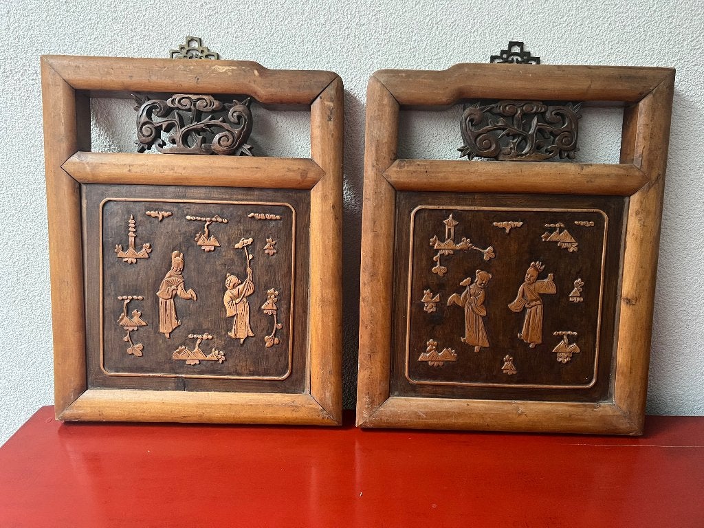 Japans houtsnijwerk wandpaneel 2 luik met ophanging oud, Verburgt Vintage, Gebruikt, Oosters, 31 cm