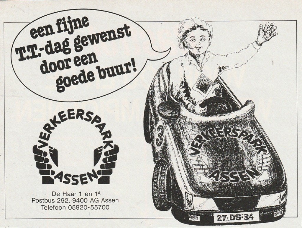 Retro reclame 1988 Verkeerspark Assen trapauto fijne TT, Verzenden, Overige typen