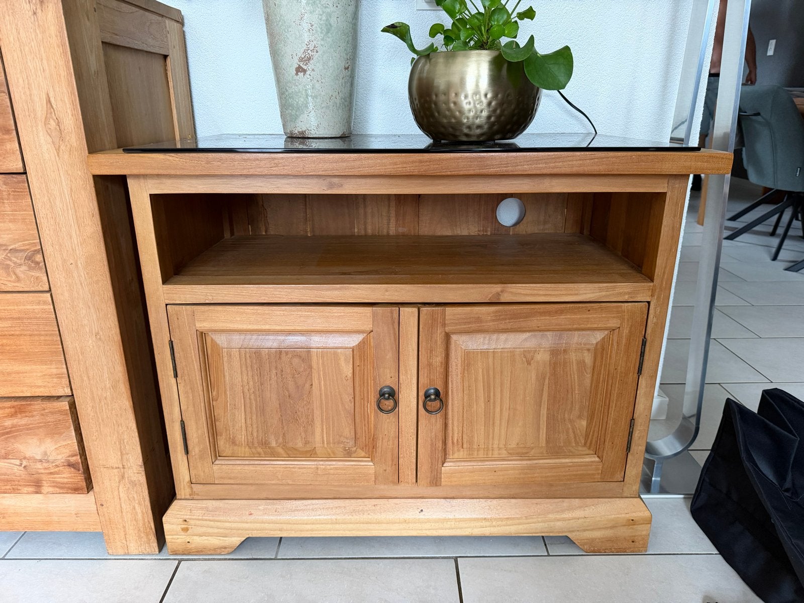 Teakhouten kastje dressoirtje met beschadigd bovenblad, Ophalen of Verzenden, Gebruikt, 25 tot 50 cm, Teakhout