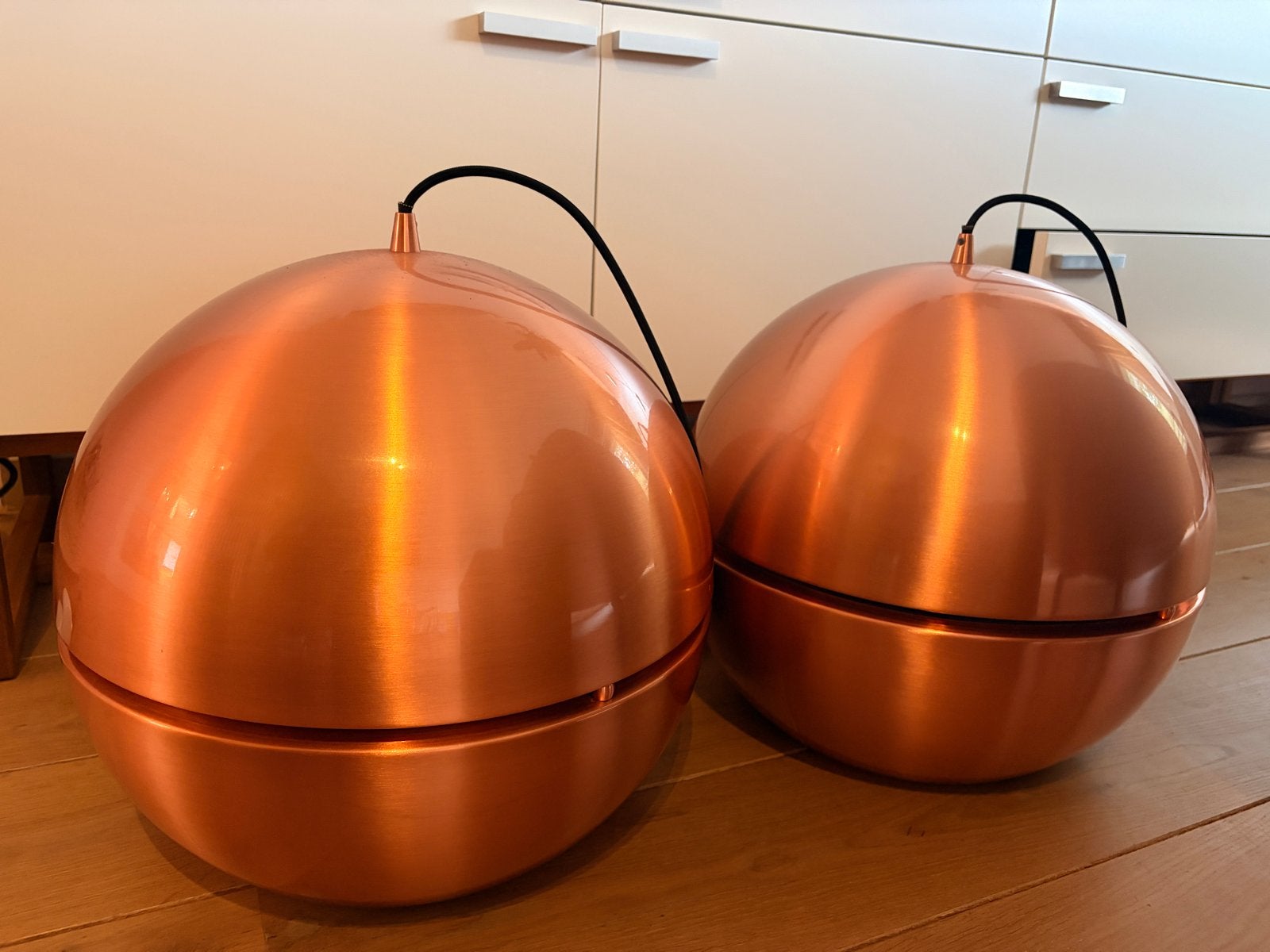 Set van 2 koperen hanglampen, Ophalen, Gebruikt, Metaal, 50 tot 75 cm