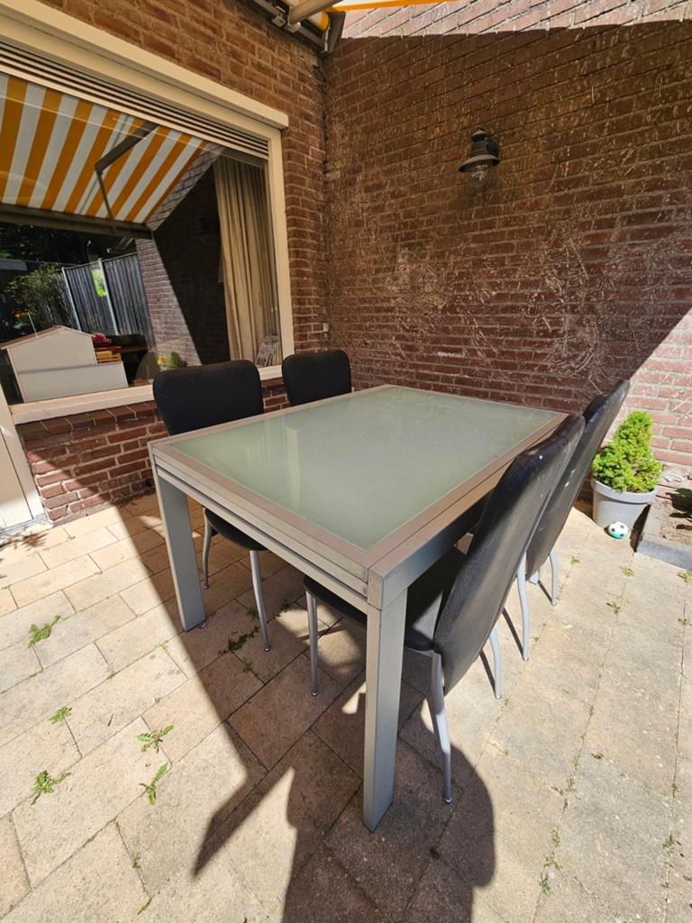 Uitschuifbare eettafel met 4 lederen stoelen, Ophalen, Gebruikt, 100 tot 150 cm, 50 tot 100 cm