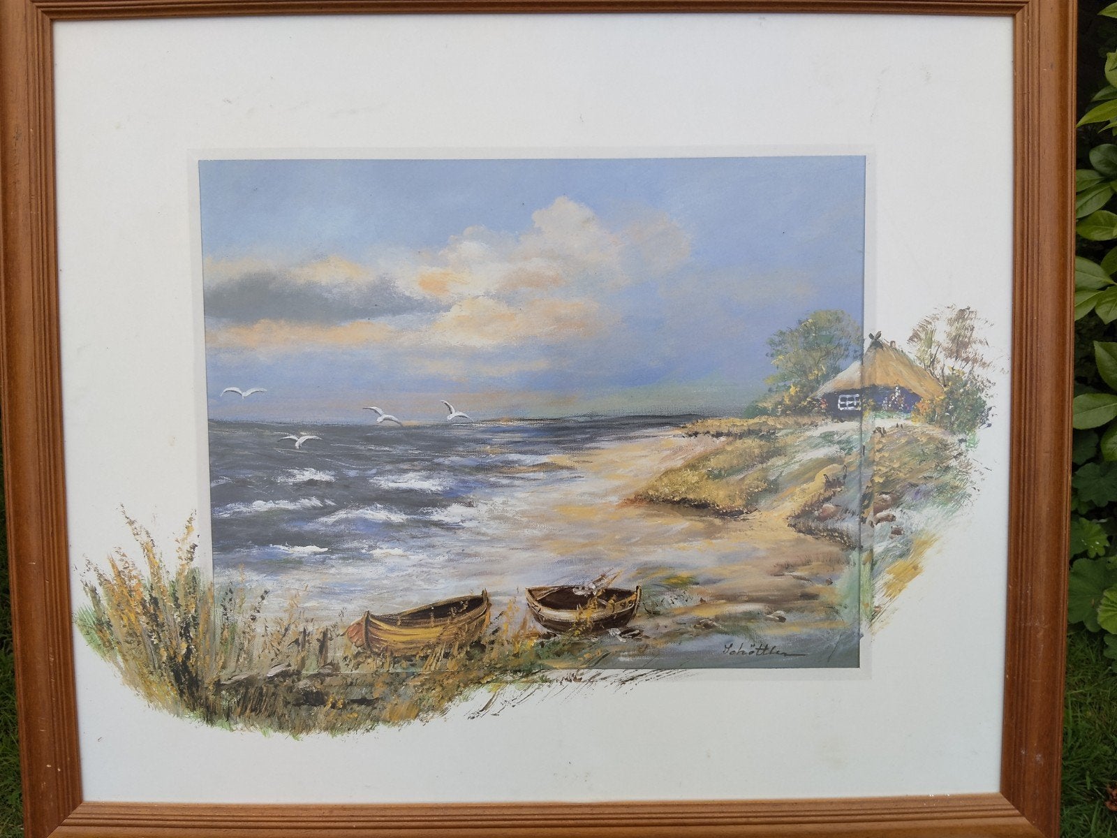 Schilderij 'Kustlandschap met huisje en boten' - Schöttler, Ophalen of Verzenden