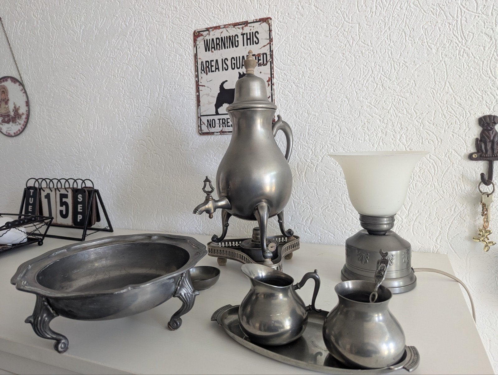 Antieke tinnen theeservies en tinnen  lamp, Ophalen of Verzenden