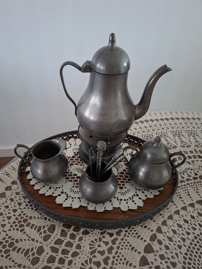 Antiek tinnen theeservies met dienblad, Antiek en Kunst, Ophalen of Verzenden