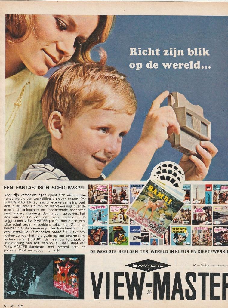 Retro reclame 1966 View-Master jongetje met speelgoed, Verzamelen, Retro, Verzenden, Overige typen