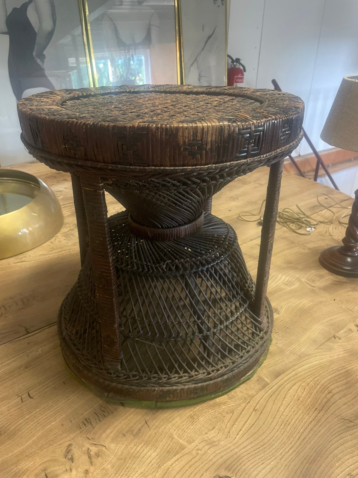Vintage rattan hippie chic boho 1970 bijzettafel, Minder dan 55 cm, Rond, Zo goed als nieuw, Ophalen