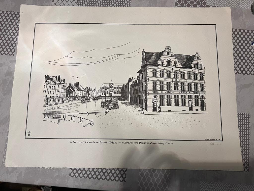 Litho op papier, Didier Nemerlin - A Bruxelles, A l'angle, Ophalen of Verzenden, Stadsgezicht, Lithografie, 1900 - 1949