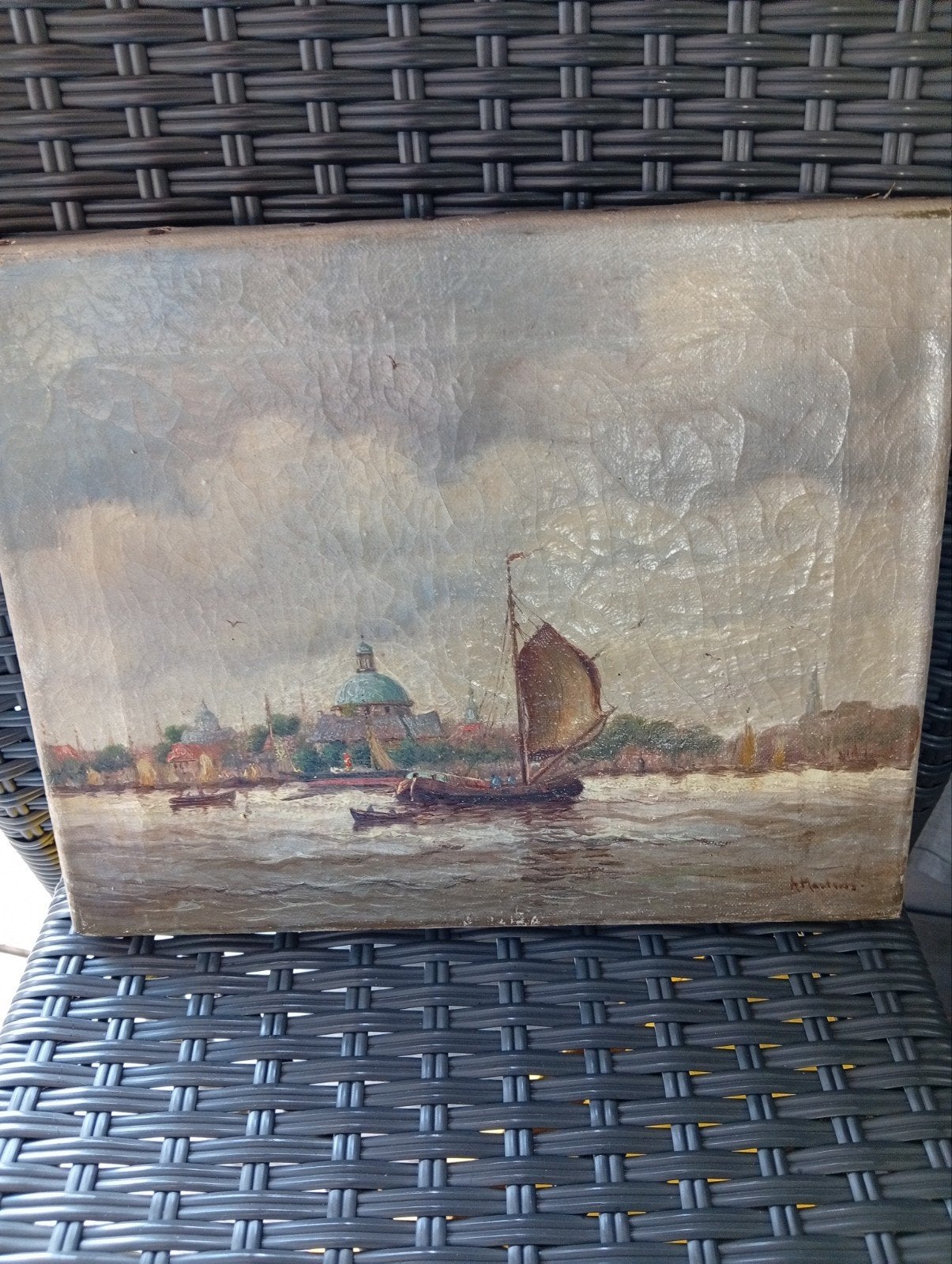 Oud Hollands Stadsgezicht met Zeilboot - Gesigneerd, Antiek en Kunst, Ophalen of Verzenden