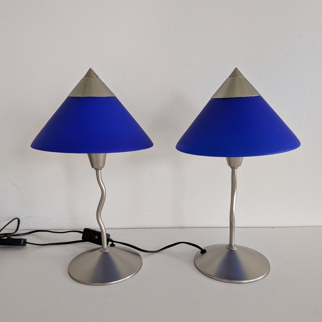 Set van 2 vintage lampen in Memphis stijl Zigzag Blauw, Blauw, Gebruikt, Vintage, E14 (klein)