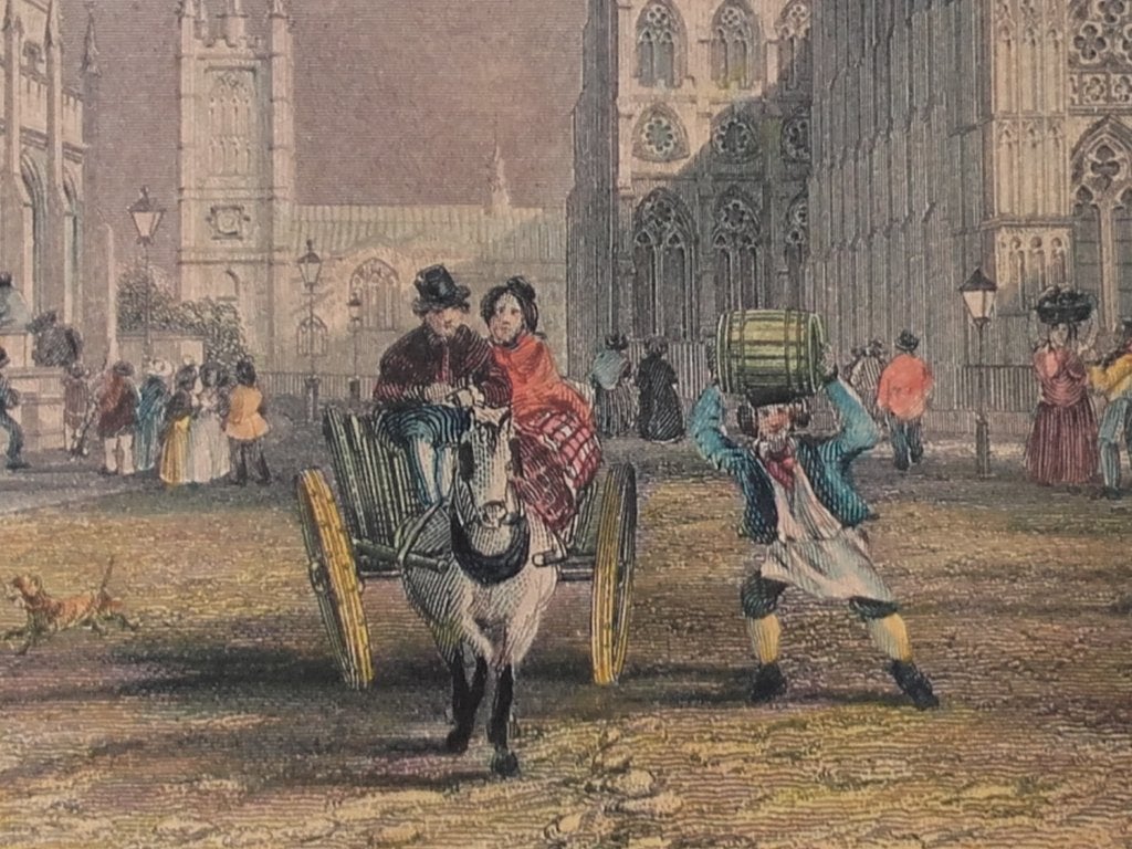 Mooie antieke ets uit Engeland van het Westminster hospital., 1800 - 1899, Ets, Stadsgezicht, Handgekleurd