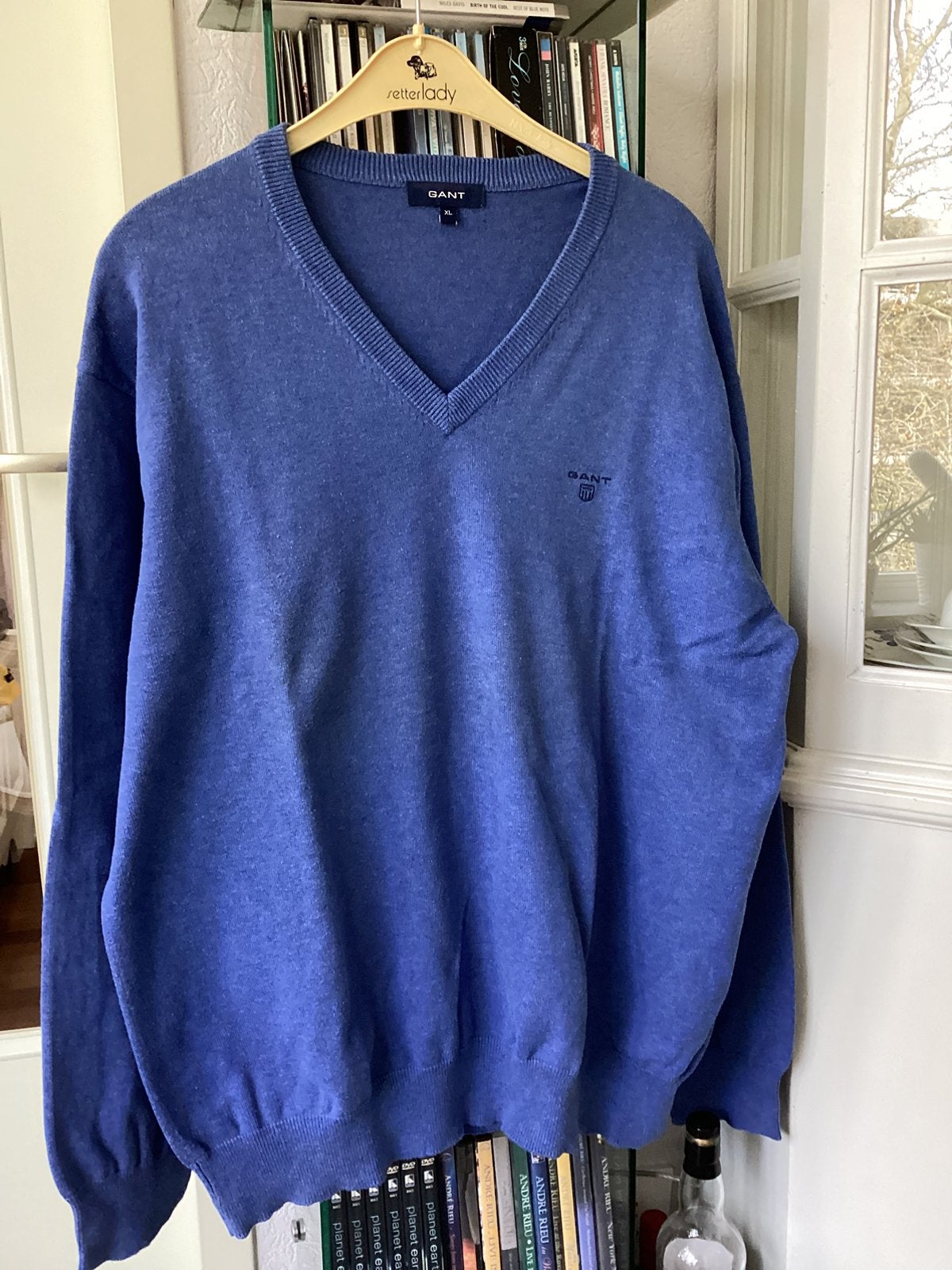 Klassieke blauw katoenen GANT trui met Vhals, Ophalen of Verzenden, Zo goed als nieuw, Maat 56/58 (XL), Blauw