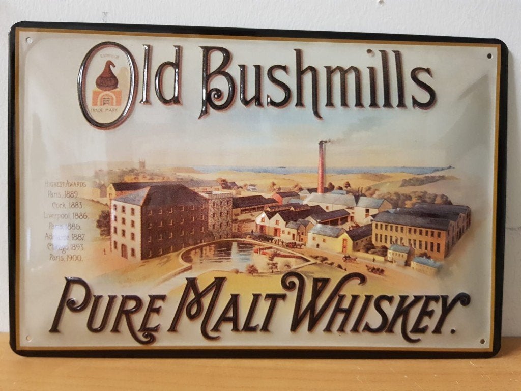 Old Bushmills Whiskey relief reclamebord van metaal wandbord, Reclamebord, Info@deconoord.nl, Deco Noord, Nieuw