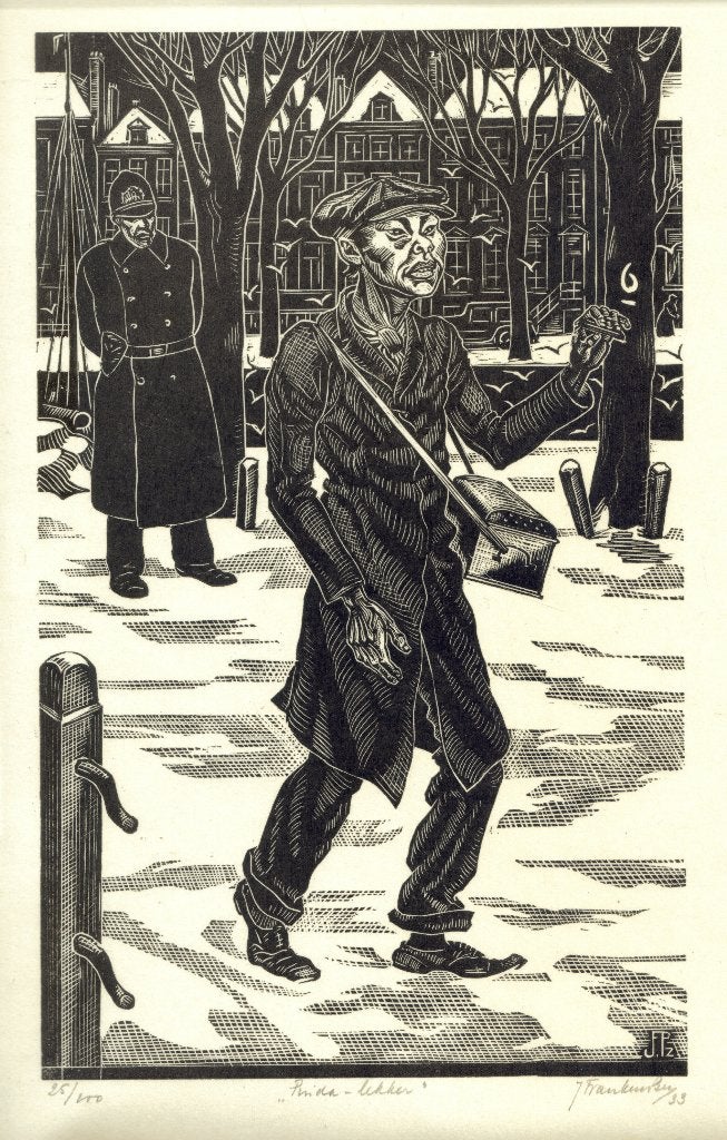 Jan Franken Pzn houtsnede "Pinda Lekker", 1933, 25/100, Ophalen, Dagelijks leven, 1900 - 1949, Houtsnede