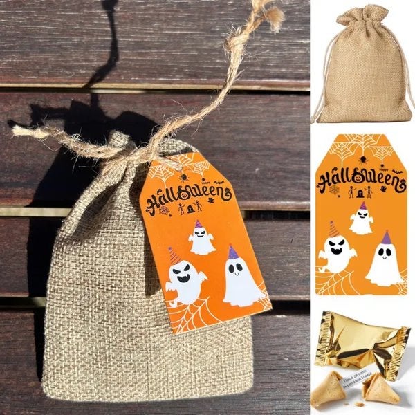 Jute zakje met fortune cookie en Halloween kaartje, Halloween of Griezel, Nieuw, Ophalen of Verzenden, Struikheide 64,3069lj,Rotterdam