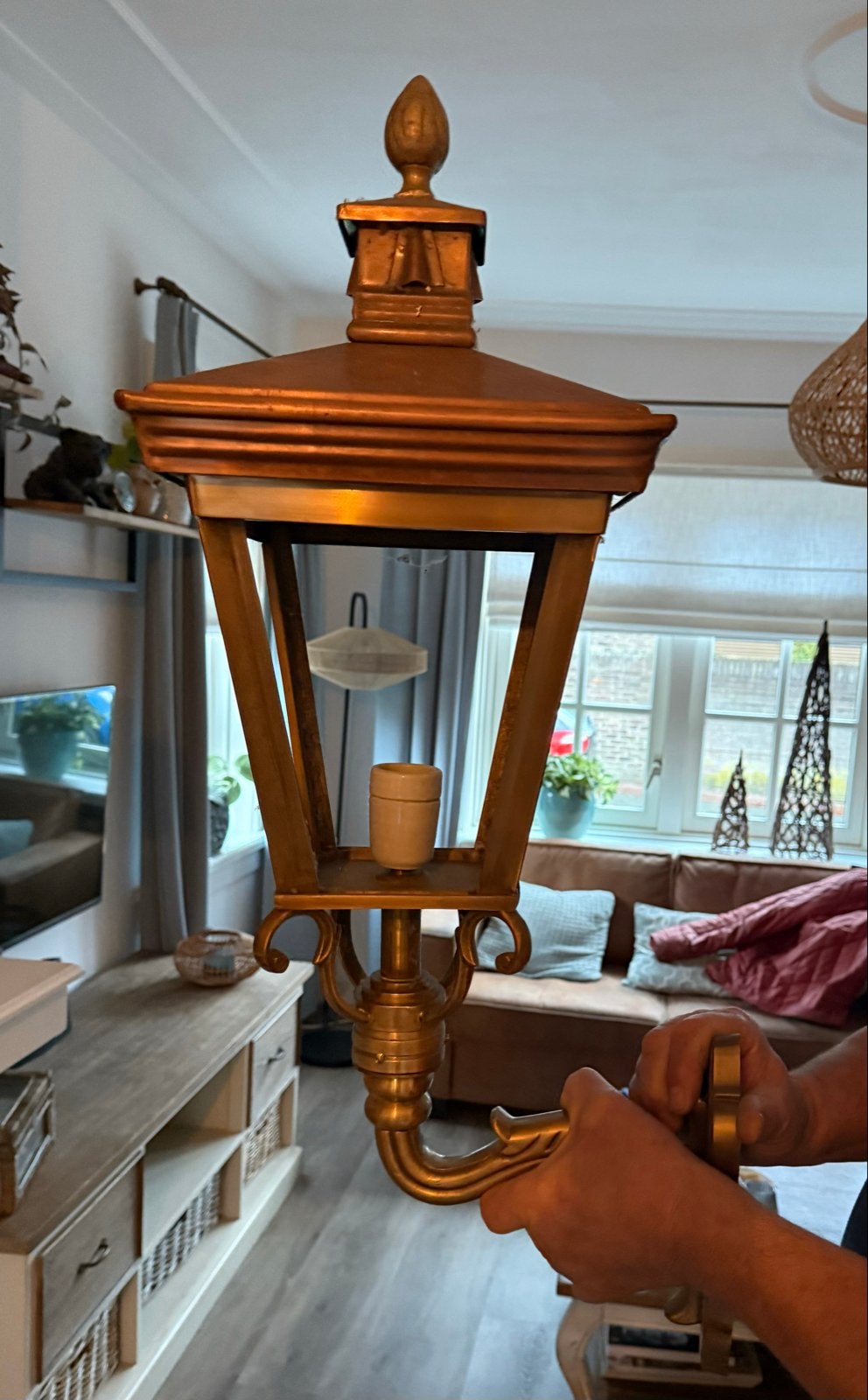Set van 2 klassieke koperen buitenlampen, Antiek en Kunst, Ophalen