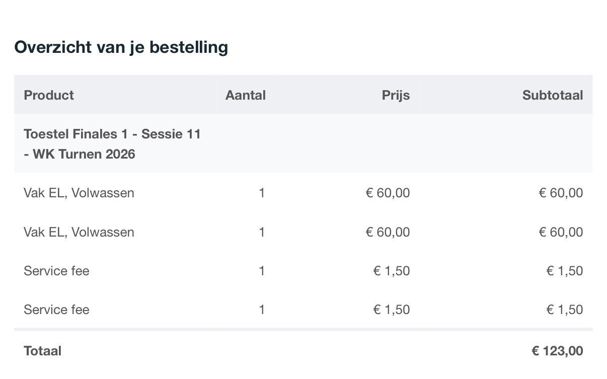 WK Turnen R’dam 2 tickets toestelfinales 24-10-26 koop/ruil, Twee personen, Oktober