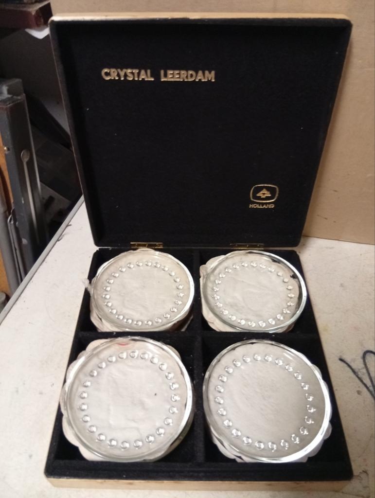 Crystal Leerdam onderzetters in houten kistje, Ophalen of Verzenden