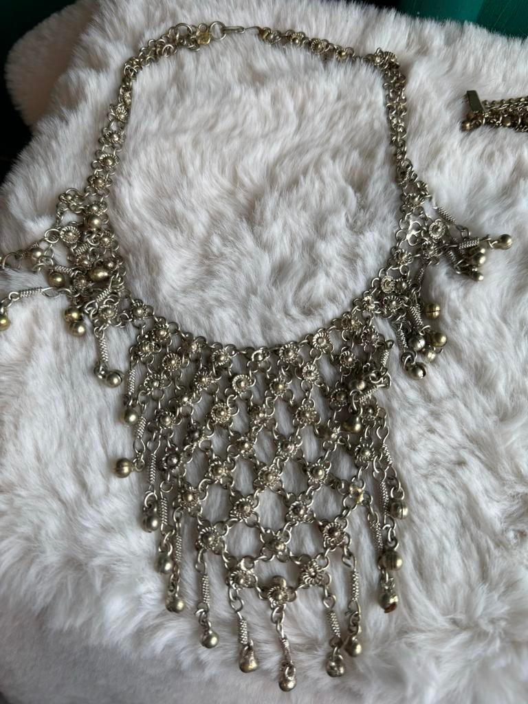 Vintage Indiase Statement Ketting - Zilverkleurig Boho, Ophalen of Verzenden, Zo goed als nieuw, Zilver, Overige materialen