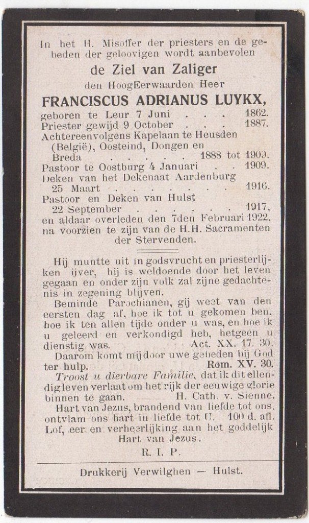 pastoor Franciscus A. Luykx 1862 Leur + 1922 Hulst, 59 jaar, Verzenden