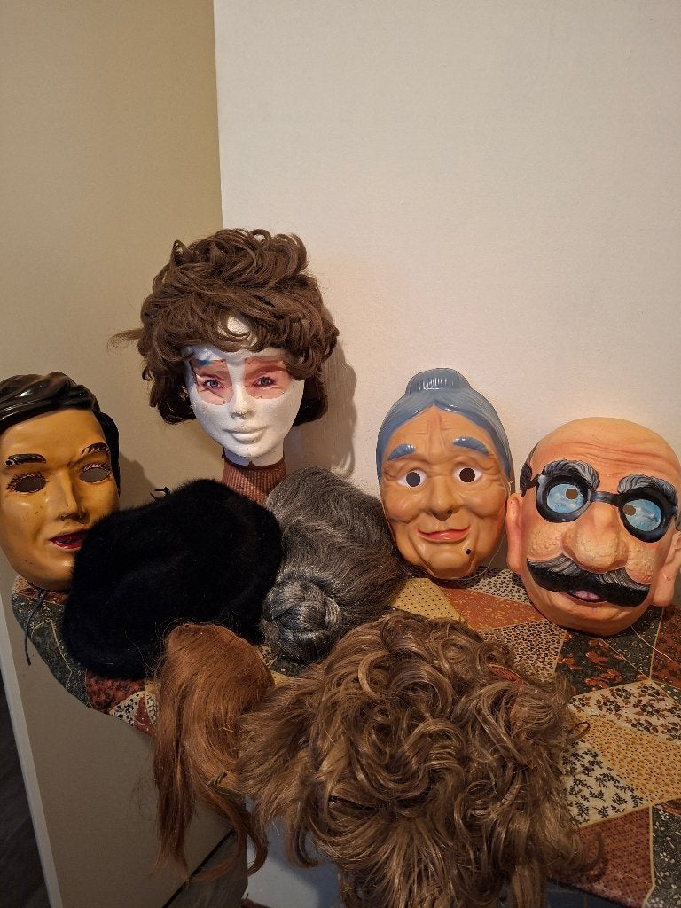 Diverse pruiken, maskers, piepschuim hoofd, hoedjes., Ophalen of Verzenden, Zo goed als nieuw, One size fits all