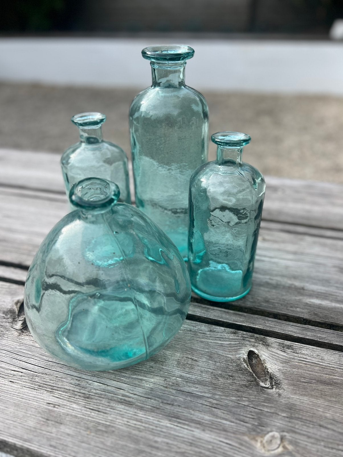 4 glazen flessen/vazen, Ophalen, Zo goed als nieuw, Blauw, Glas