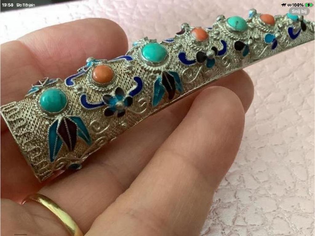 Zilveren vintage filigrein broche Bloedkoraal Turkoois 925, Verzenden, Zo goed als nieuw, Met edelsteen, Zilver