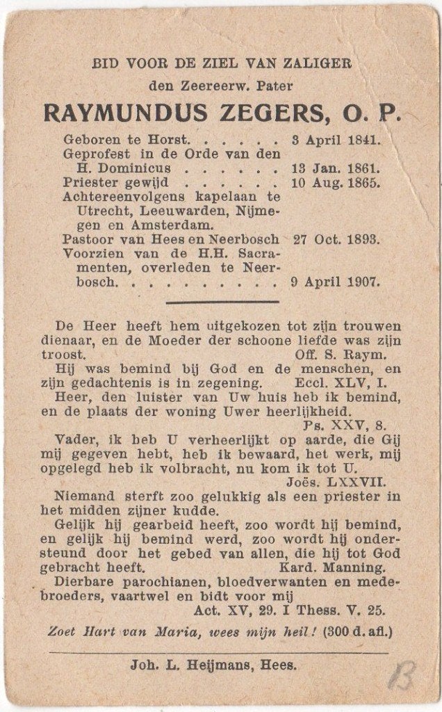 pater Raymundus Zegers 1841 Horst + 1907 Neerbosch/Hees, Verzenden