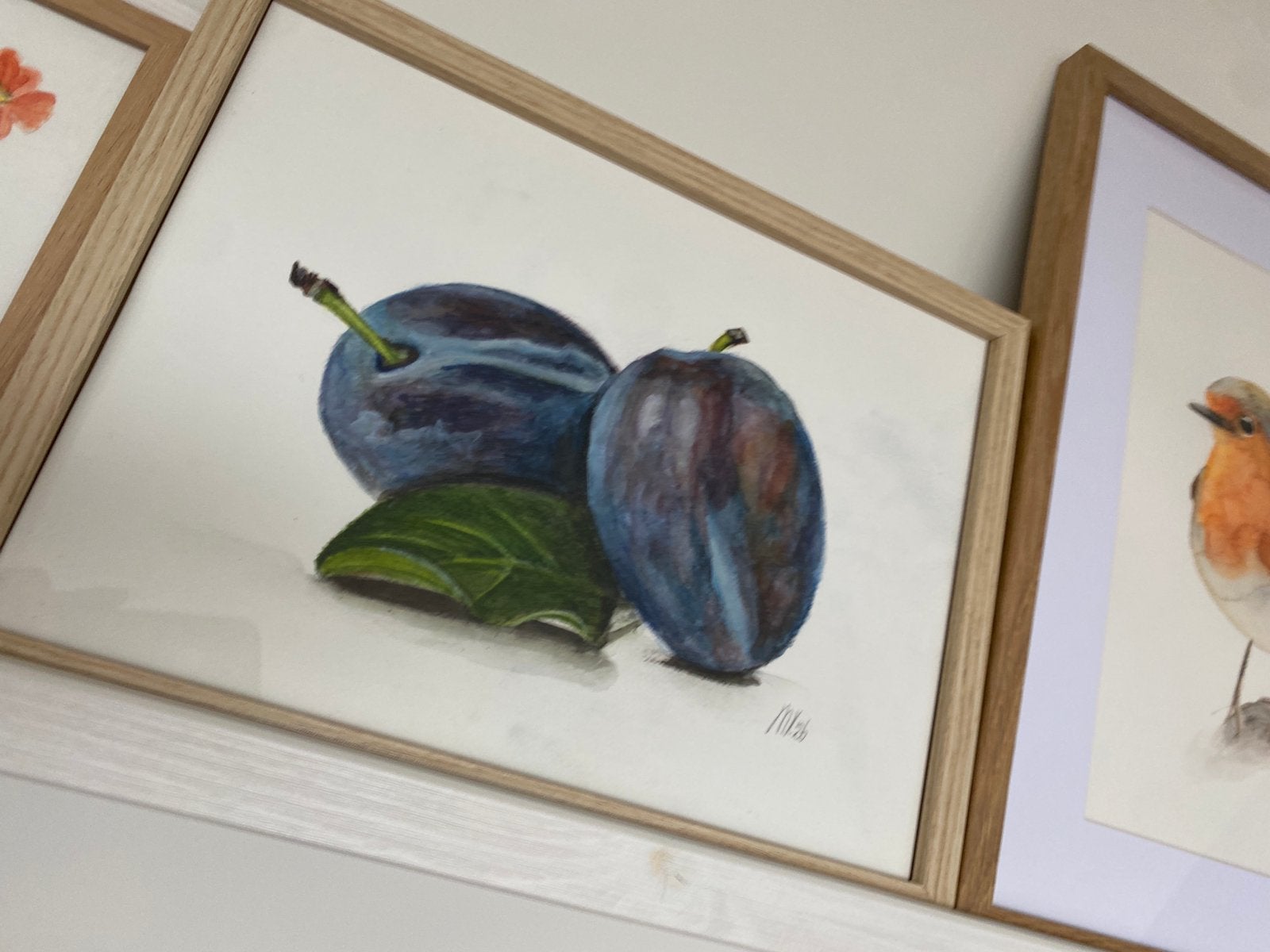 Origineel handgeschilderd schilderij pruimen in lijst, Antiek en Kunst, Ophalen of Verzenden