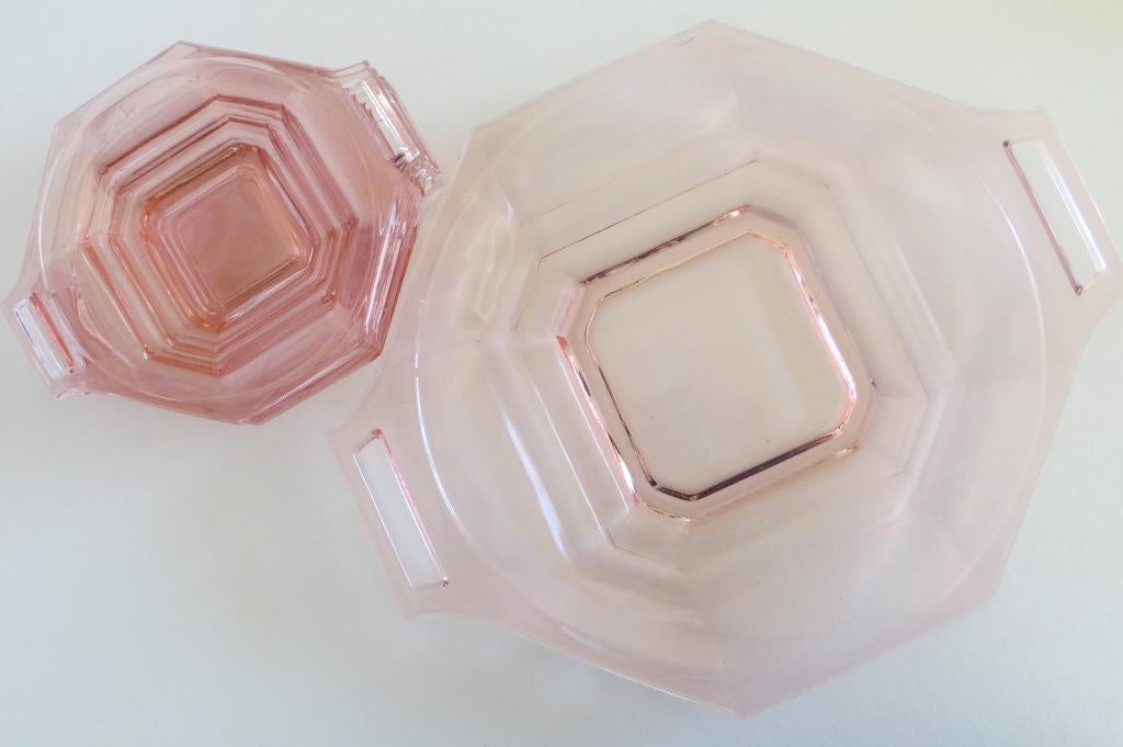 Vintage fris rose persglazen set, 1 grote en 5 kleine schale, Ophalen of Verzenden