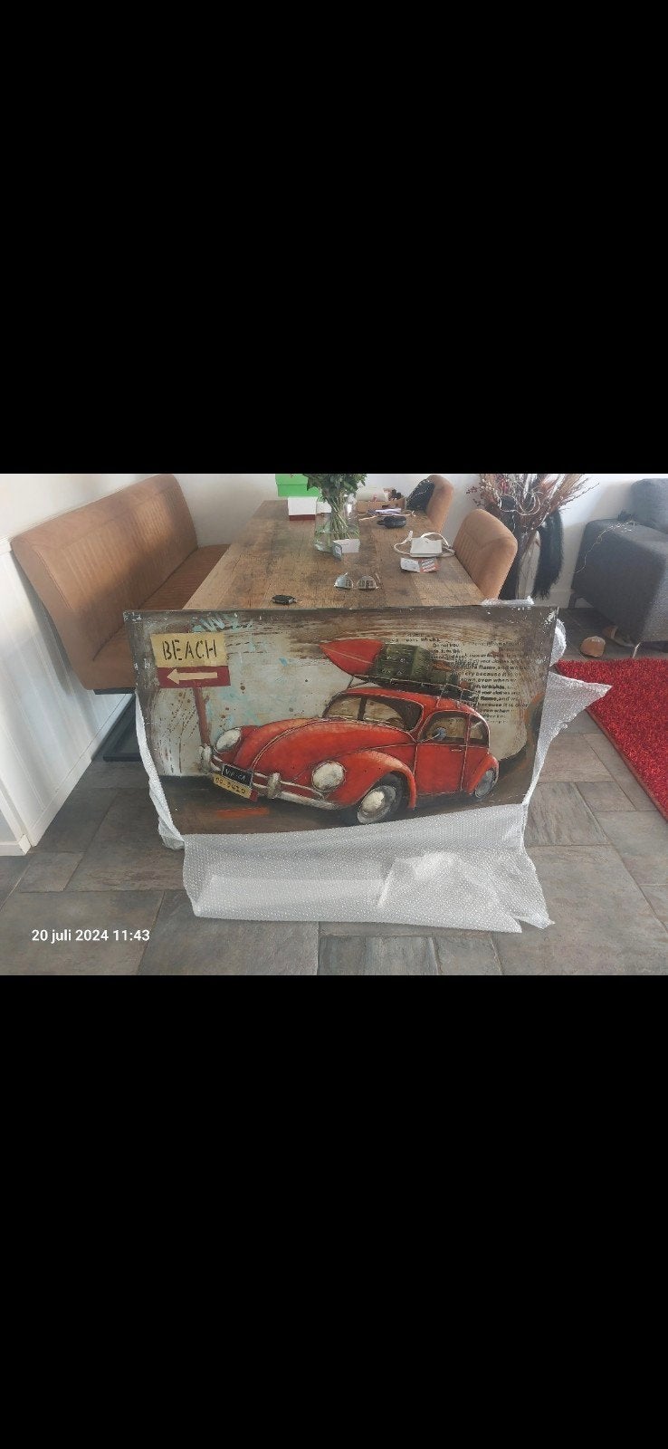 schilderij  rode volkswagen kever, Metaal, Ophalen, Voertuigen, Overige technieken
