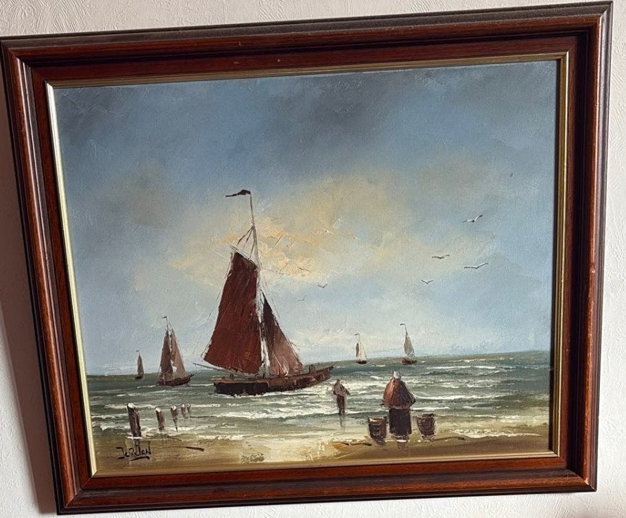 Schilderij Maritiem Gezicht met Schepen en Figuren, Ophalen, Maritiem / water, Doek, Klassiek
