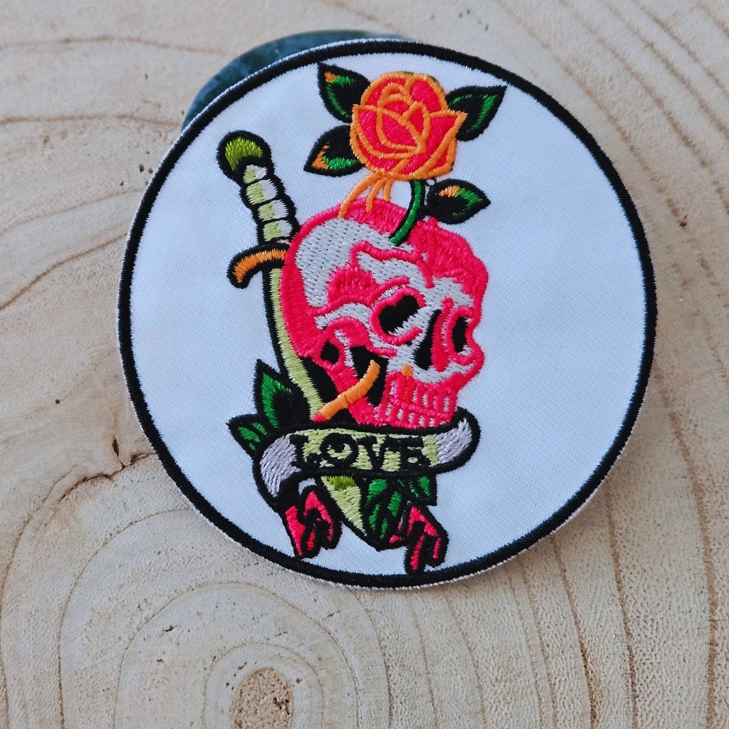 Strijk embleem applicatie Patch Schedel met roos roze, D, Nieuw, Ophalen of Verzenden, D
