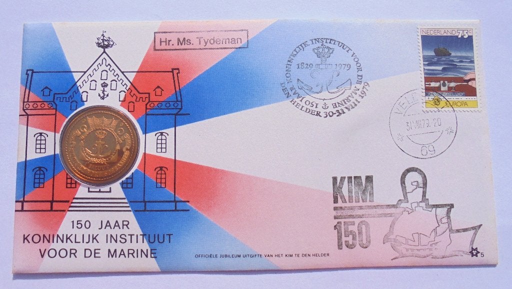 Militair Coin KIM 150 jaar met jubileumbrief Veldpoststempel, Ophalen of Verzenden, Marine, Nederland, Embleem of Badge
