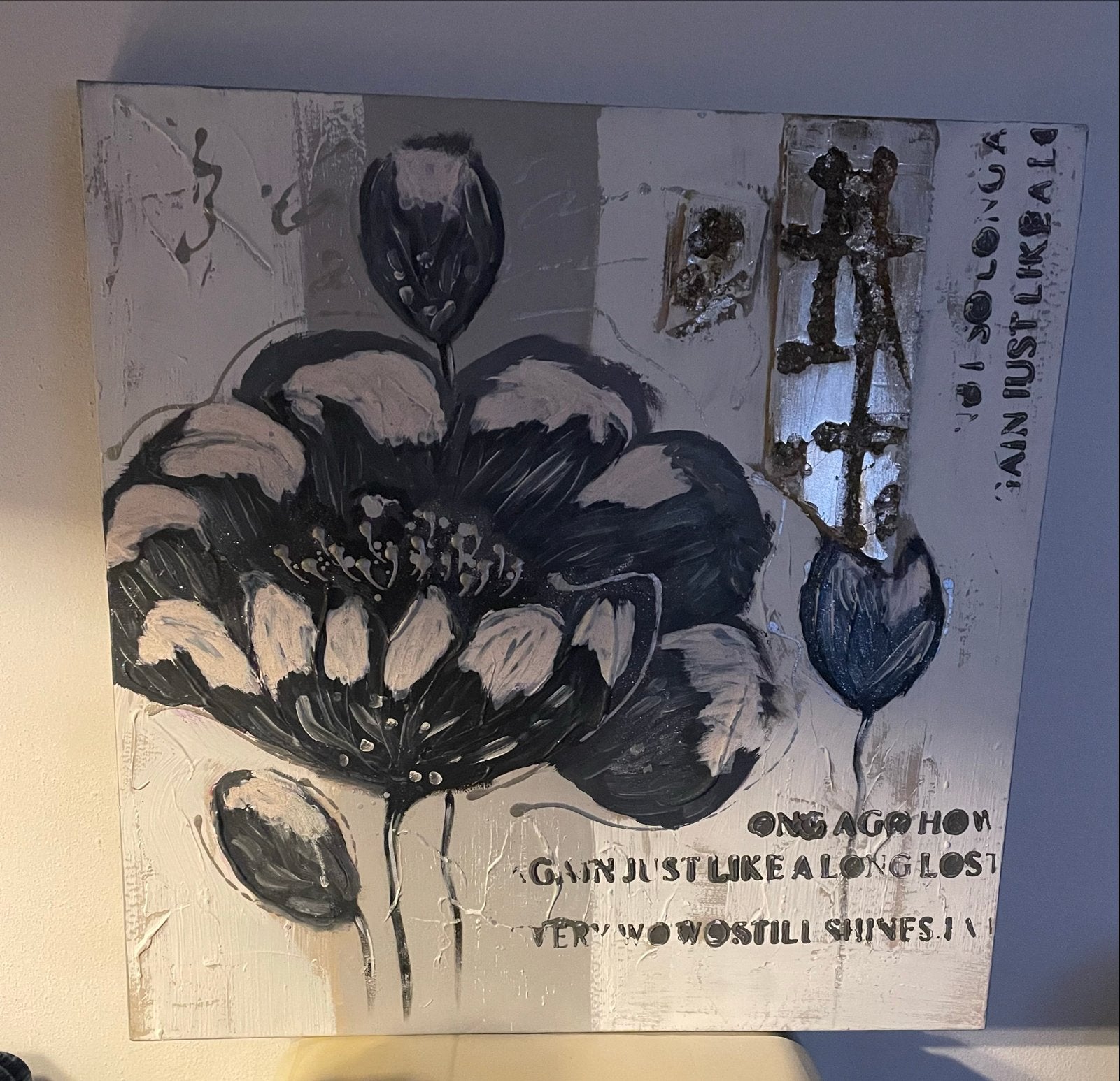 Abstract bloemenschilderij met textuur en tekst, Antiek en Kunst, Kunst | Schilderijen | Klassiek, Bloemen, Ophalen of Verzenden