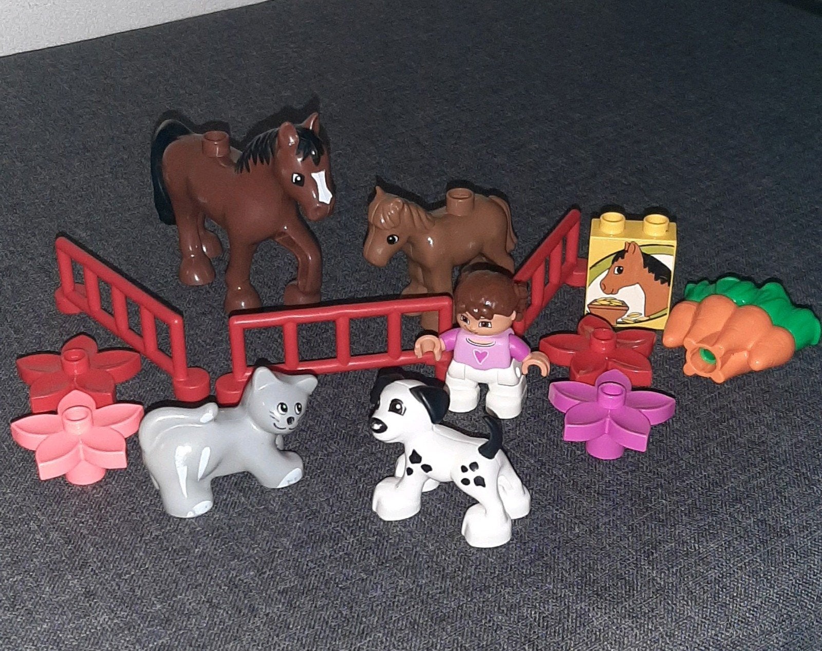 Dublo set met paarden, hond, kat, hekjes en bloemen., Ophalen of Verzenden, Gebruikt, Duplo