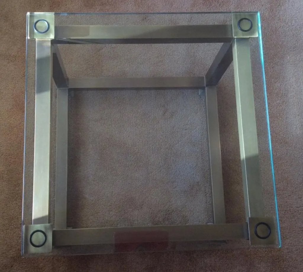 Glazen salontafel vierkant met messing frame, Huis en Inrichting, Tafels | Salontafels, Gebruikt, Minder dan 50 cm, 50 tot 100 cm
