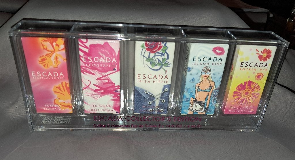 luxe parfum miniatuur set Escada, Ophalen of Verzenden, Zo goed als nieuw, Miniatuur, Gevuld