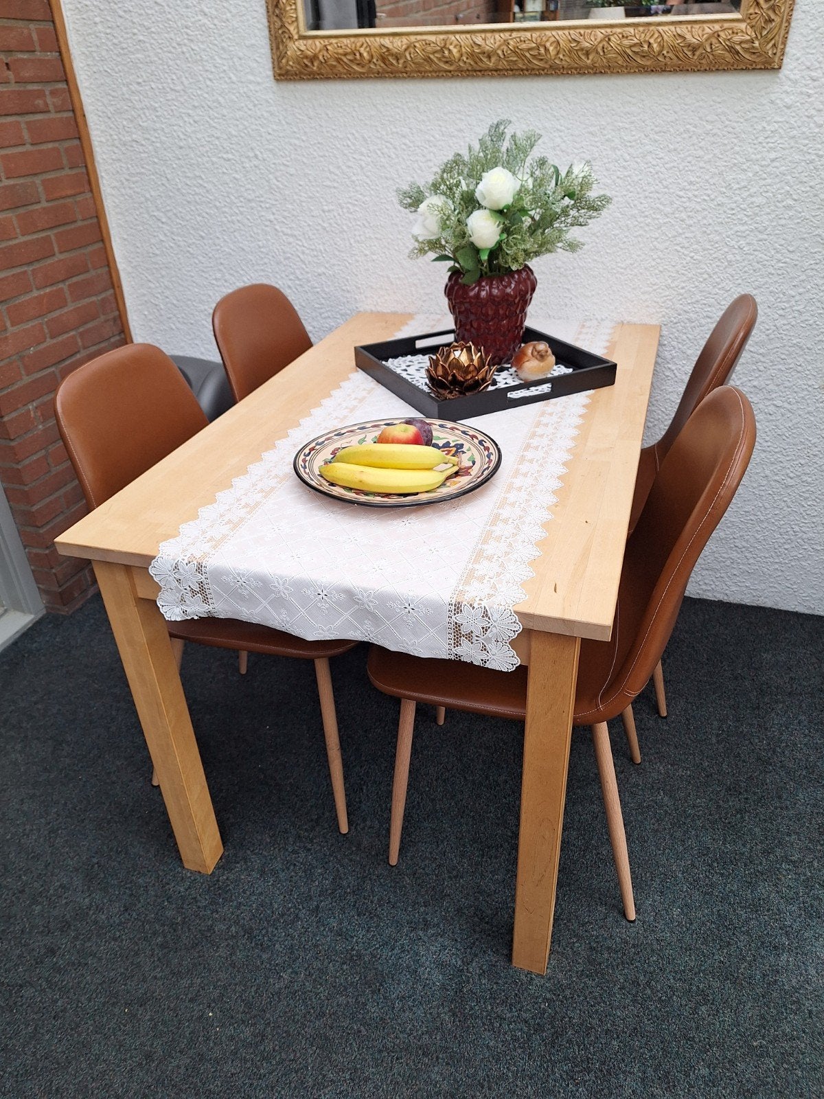 Eettafel met 4 stoelen - Hout en bruin kunstleer, Ophalen, Gebruikt, 100 tot 150 cm, Modern, Scandinavisch