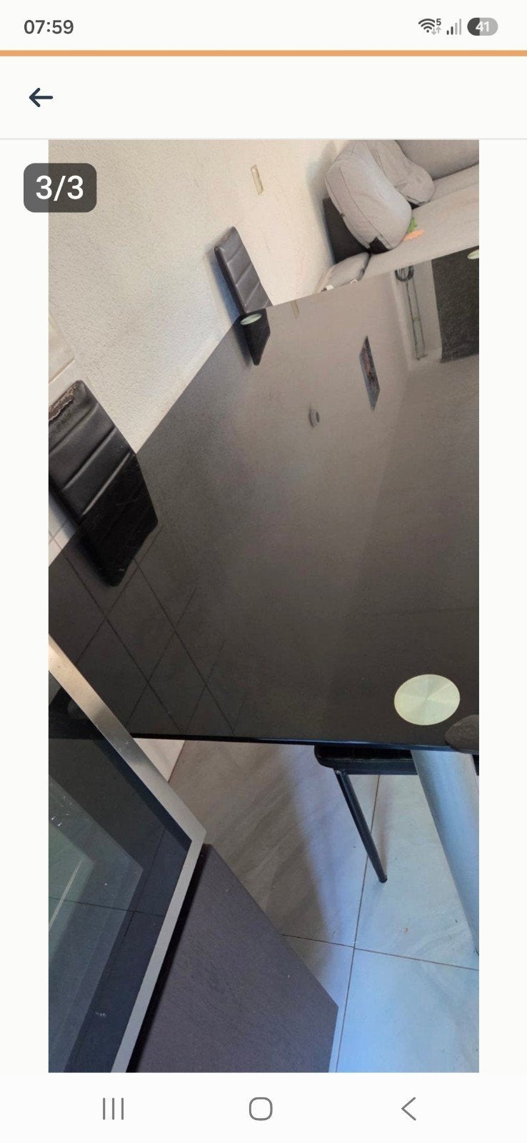 Moderne zwarte glazen eettafel met 4 stoelen, Ophalen, Gebruikt, 50 tot 100 cm, Vijf personen of meer