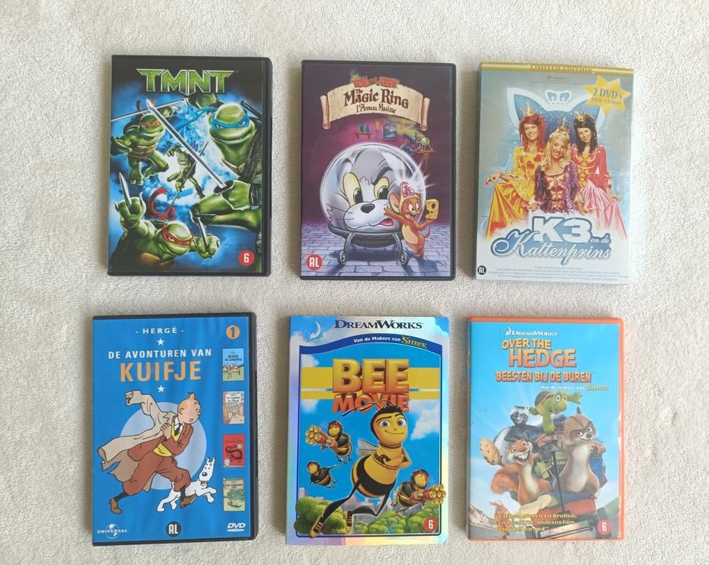6 Dvd's: TMNT, Tom & Jerry, K3, Kuifje, Bee Movie..., Gebruikt, Overige genres, Ophalen of Verzenden, Vanaf 6 jaar