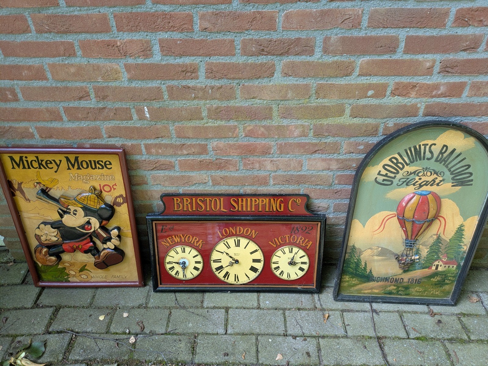 2 Houten Paneel Muurdecoraties: Mickey, Ballon & Klokken, Ophalen