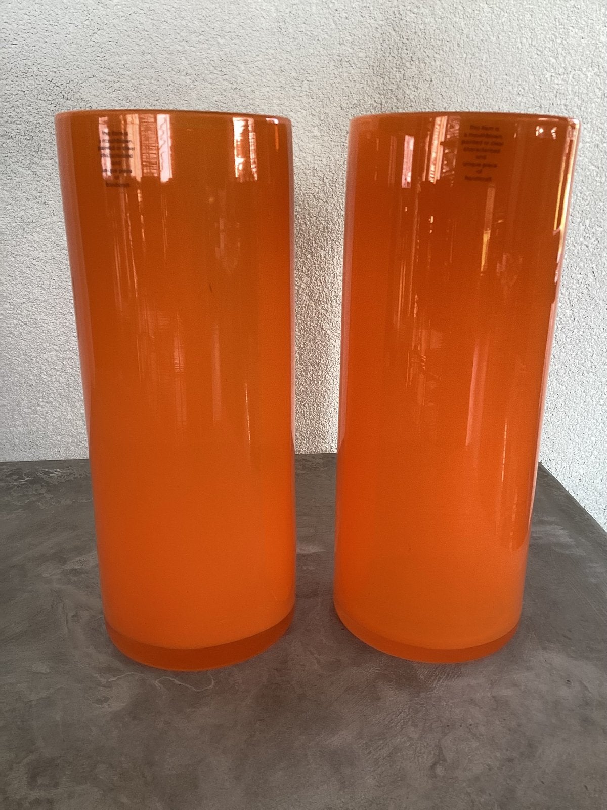 2 x Oranje glazen vaas, 30 cm hoog, Oranje, Ophalen of Verzenden, Minder dan 50 cm, Glas