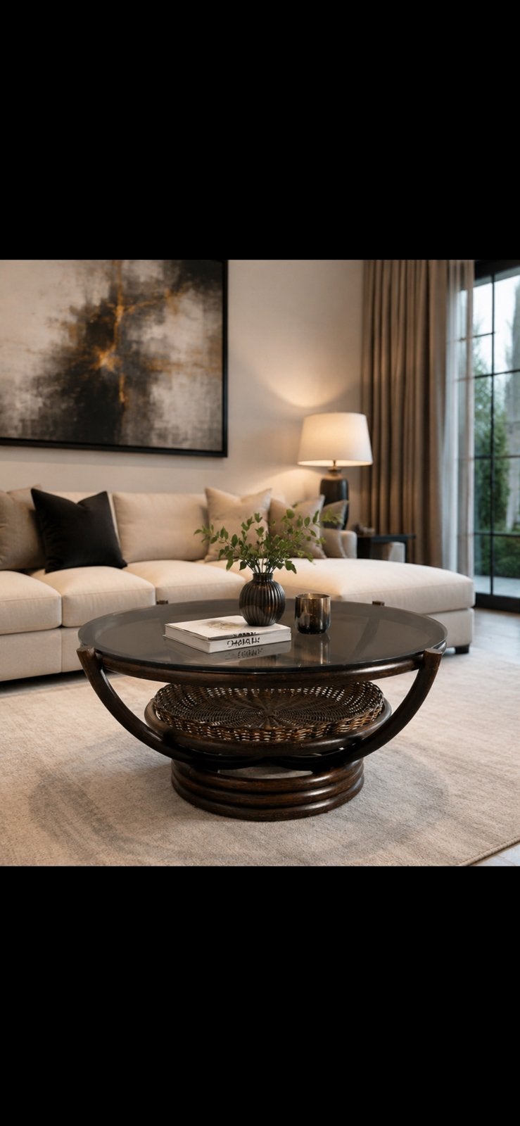 Ronde Rattan Salontafel met Rookglazen Glasplaat, Huis en Inrichting, Tafels | Salontafels, Ophalen, Rond, 50 tot 100 cm, Glas