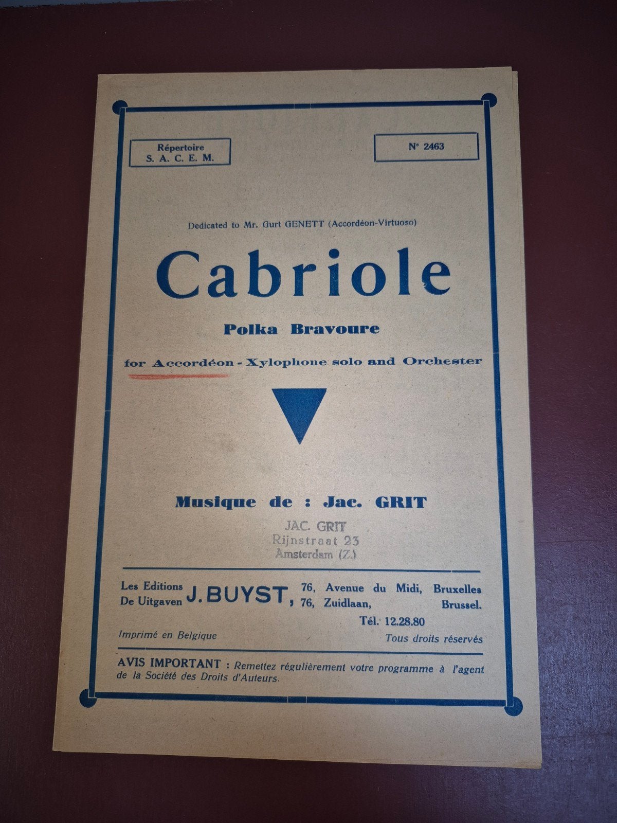 Cabriole Polka Bravoure - Accordeon, Xylofoon, Orkest, Ophalen of Verzenden