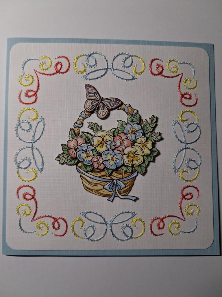 Geborduurde kaart mand met bloemen, Ophalen of Verzenden, Overige thema's