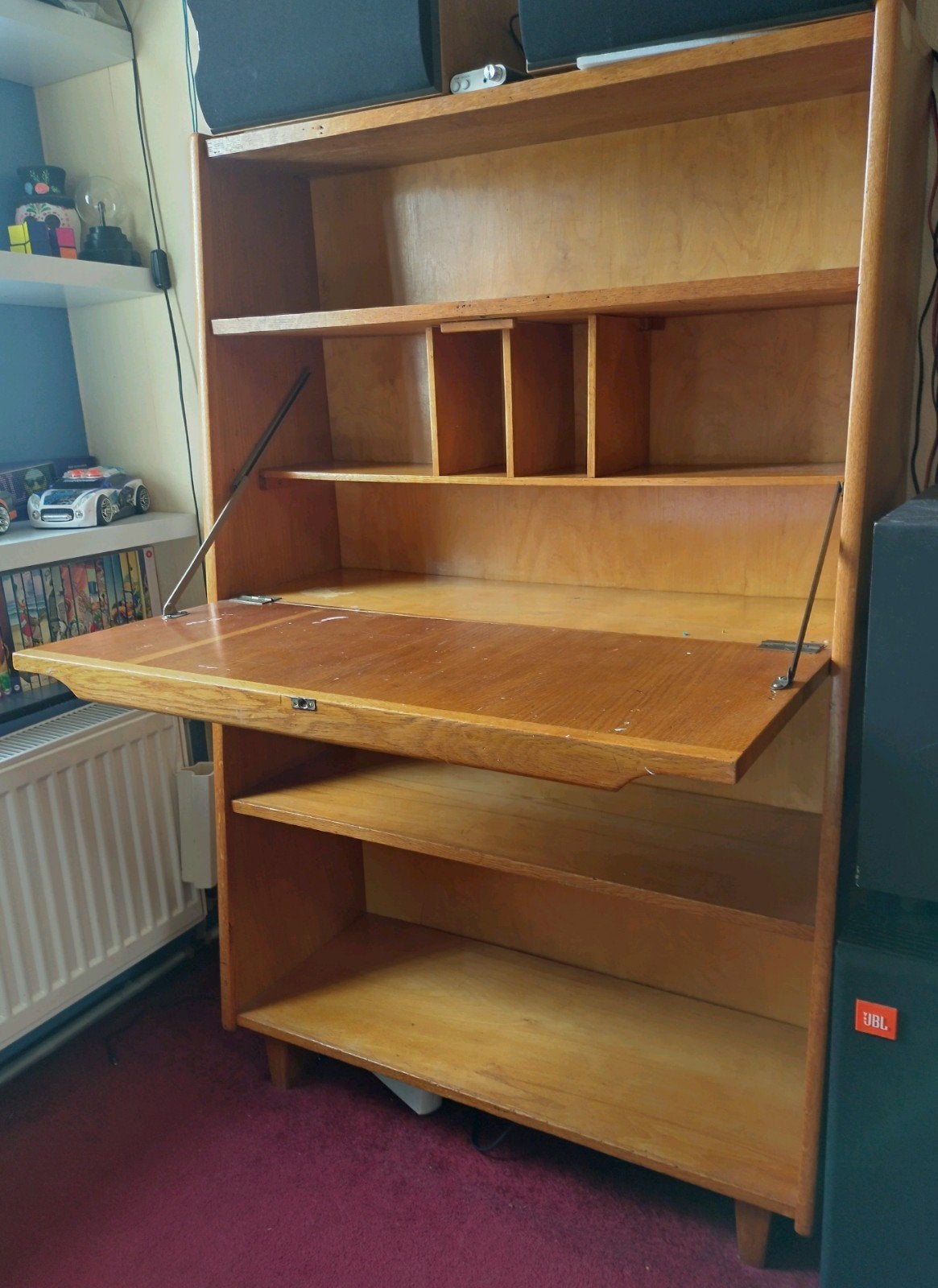 Vintage secretaire bureau kast hout, Ophalen, Gebruikt, Jaren 60