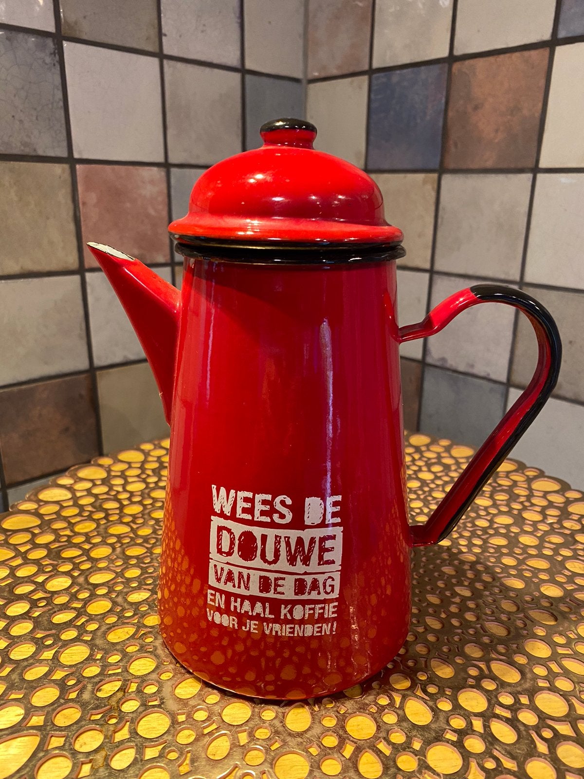 Koffiekan,rood emaille DE,Keizer Amsterdam,hoog 22 cm, Antiek en Kunst, Antiek | Emaille, Ophalen of Verzenden