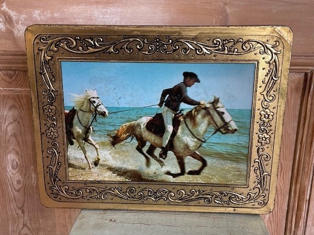 Groot vintage blik Belgie. Spaanse ruiter paarden / schimmel, Ophalen, Gebruikt, Overige